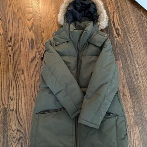 Old Navy Olive Green Long Puffer Coat with Faux Fur Hood